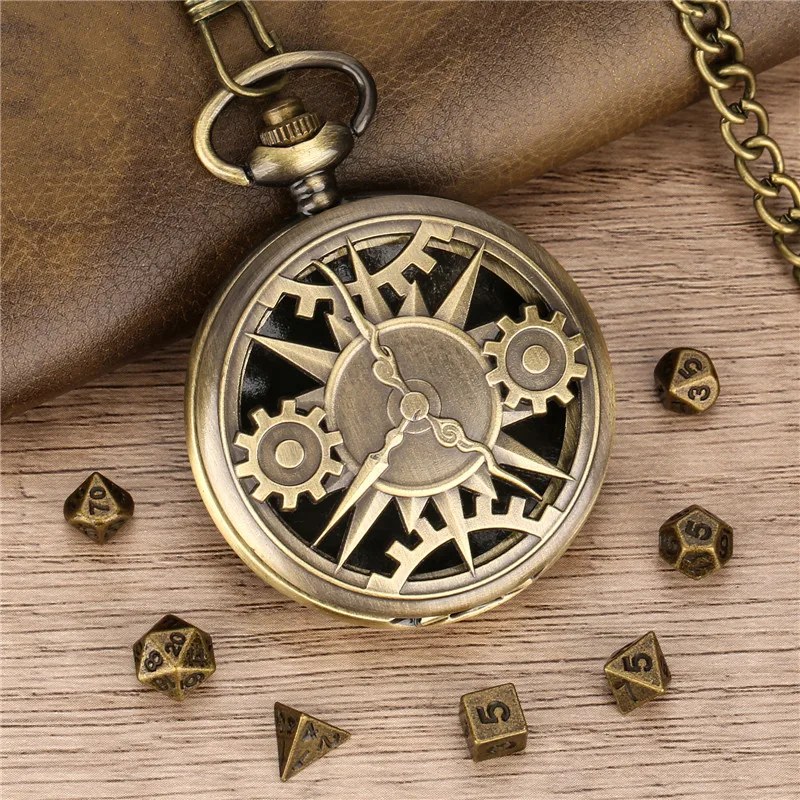 Steampunk Hollow Gear Cover Pocket Watch Case with 7pcs/set Metal Polyhedral Dices Pendant FOB Chain Gaming Accessory Gift