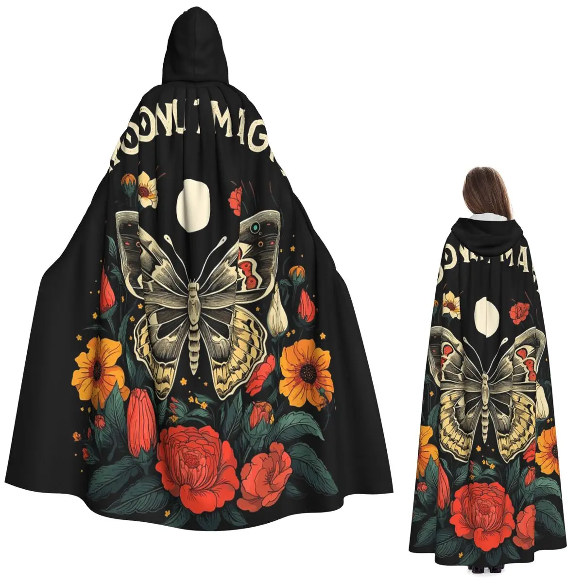 

Moth With Flower And Moonlight Butterfly Magic Long Hooded Cloak Witch Medieval Costume Cosplay Cape HalloweenParty Adult Unisex