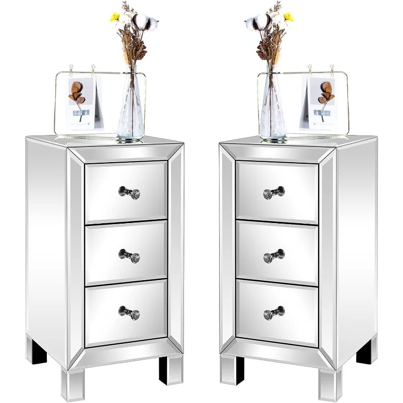 Mirrored Nightstand with 3-Drawers Silver Side End Table Set of 2 Mirrored Furniture for Small Space, Bedroom, Living Room