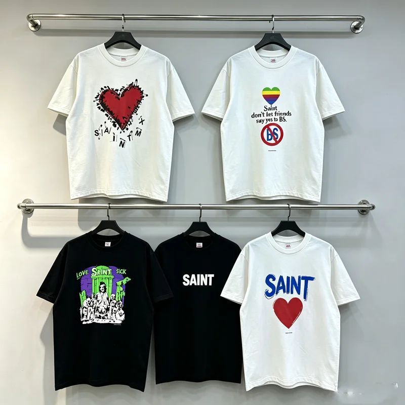 Men Women Oversized T Shirt SAINT Fashion Graphic Print Cotton T-shirt Vintage Streetwear O-neck Short Sleeve Tees Tops