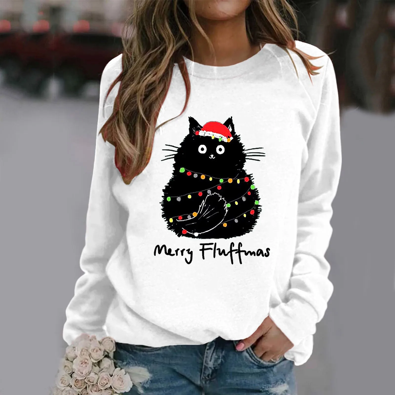 Cute Cartoon Cat Print Long Sleeve O-Neck Sweatshirt 2024 Women Autumn Warm Casual Pullover Top Christmas Oversize Loose Clothes