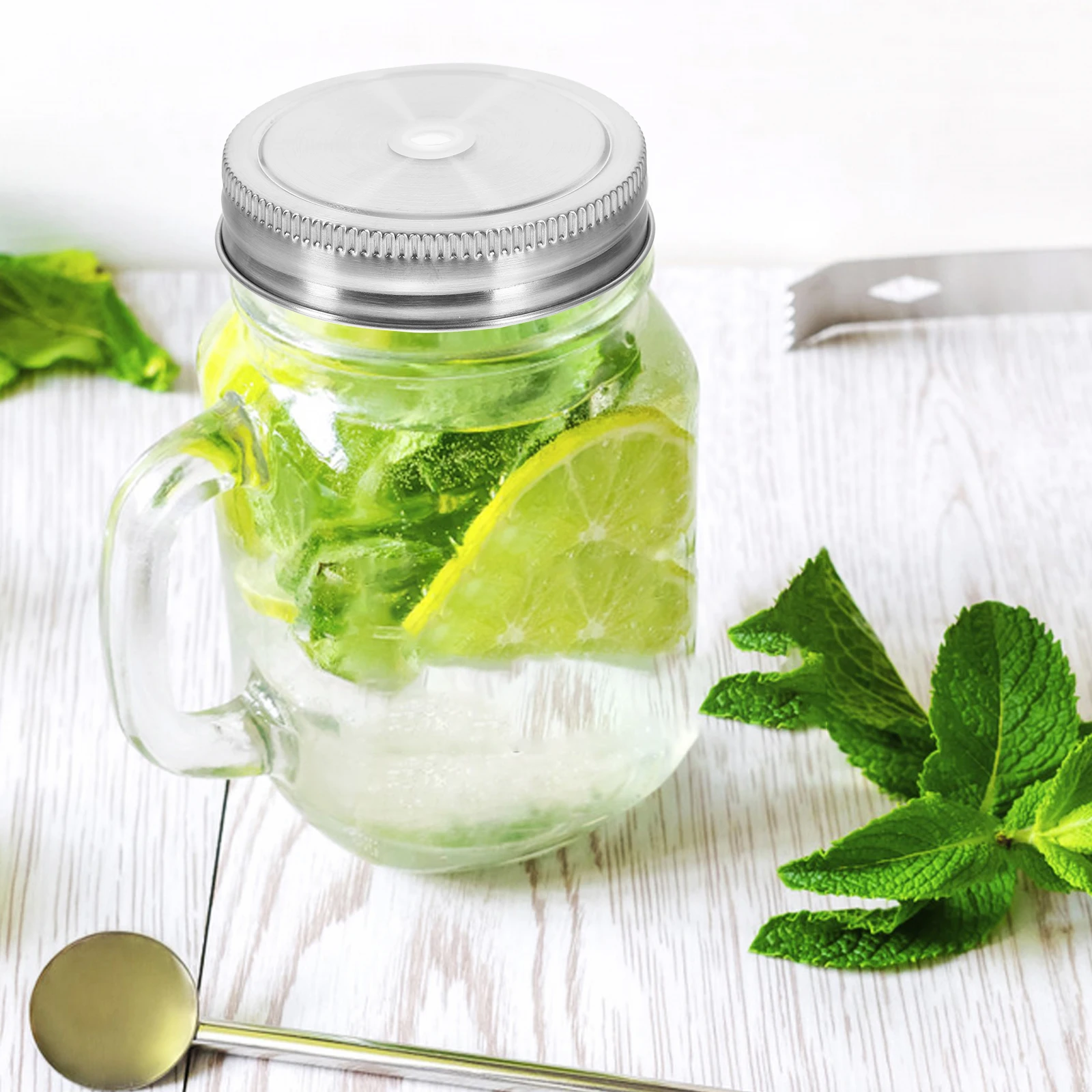 

10pcs Stainless Steel Beverage Lids Cold Drink Sealed Covers Mason Jar Straw Hole Lids Tea Coffee Kitchen Barware
