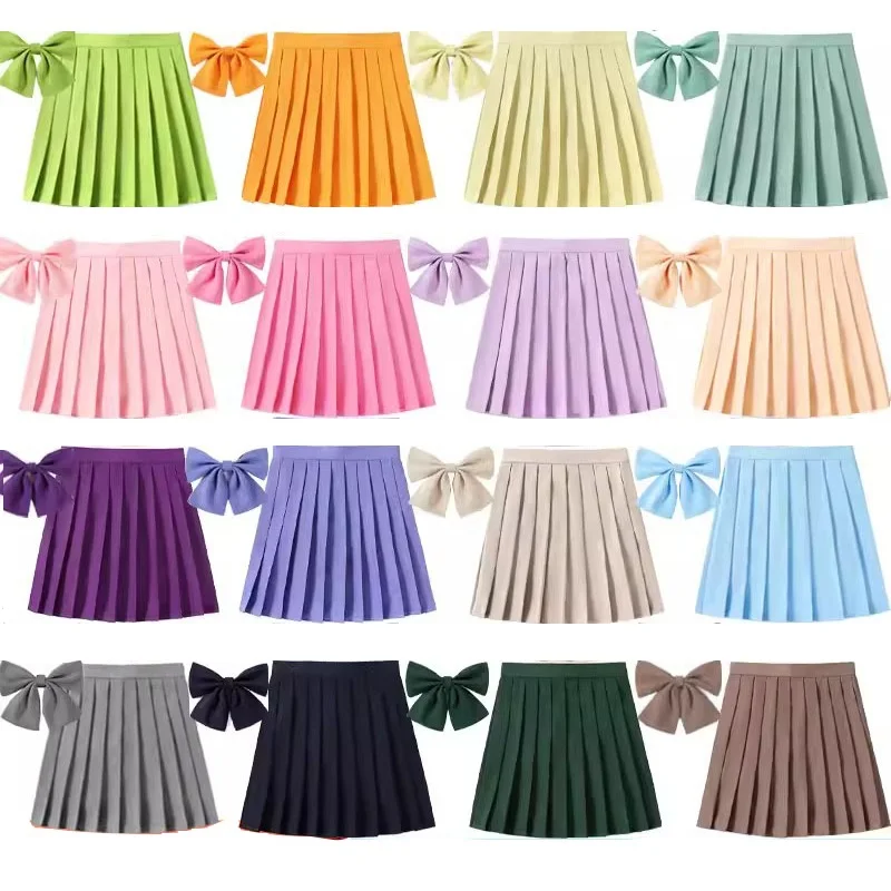 

XS- 5XL Candy Colors High Waist A-Line Women Short White Mini Pleated Skirt With Bowtie Summer School Sweet Girls Dance Skirt