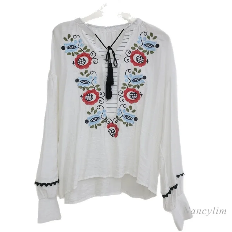 Vintage-inspired Embroidered Ethnic Floral V-neck Tie-up Lantern Sleeve Blouse - Women's Autumn Versatile Designer Top, 2026