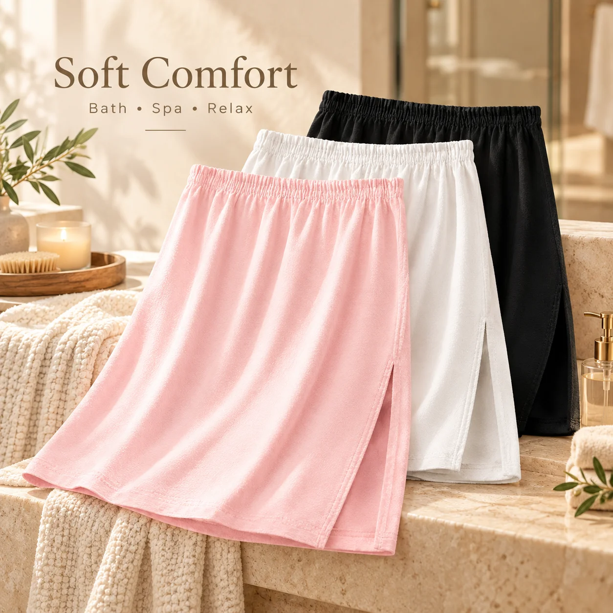 Men's Bath Wrap Skirt Soft Lightweight Shower Wrap Elastic Waist Side Slit Spa Sauna Bathroom Towel Skirt Comfortable Home Wear