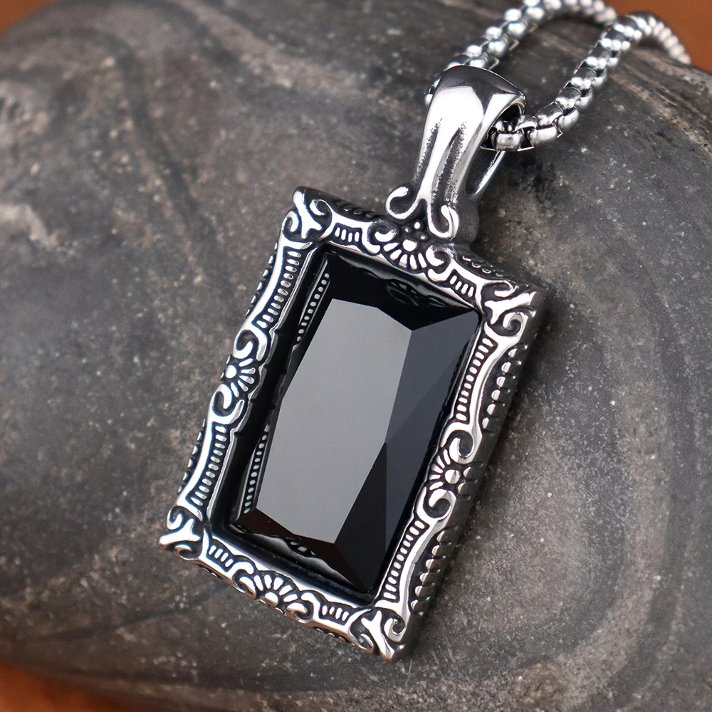 Stainless Steel Popular Black Stone Pendant for Women Gifts Fashion Charm Amulet Necklaces Personality Male Jewelry Accessories