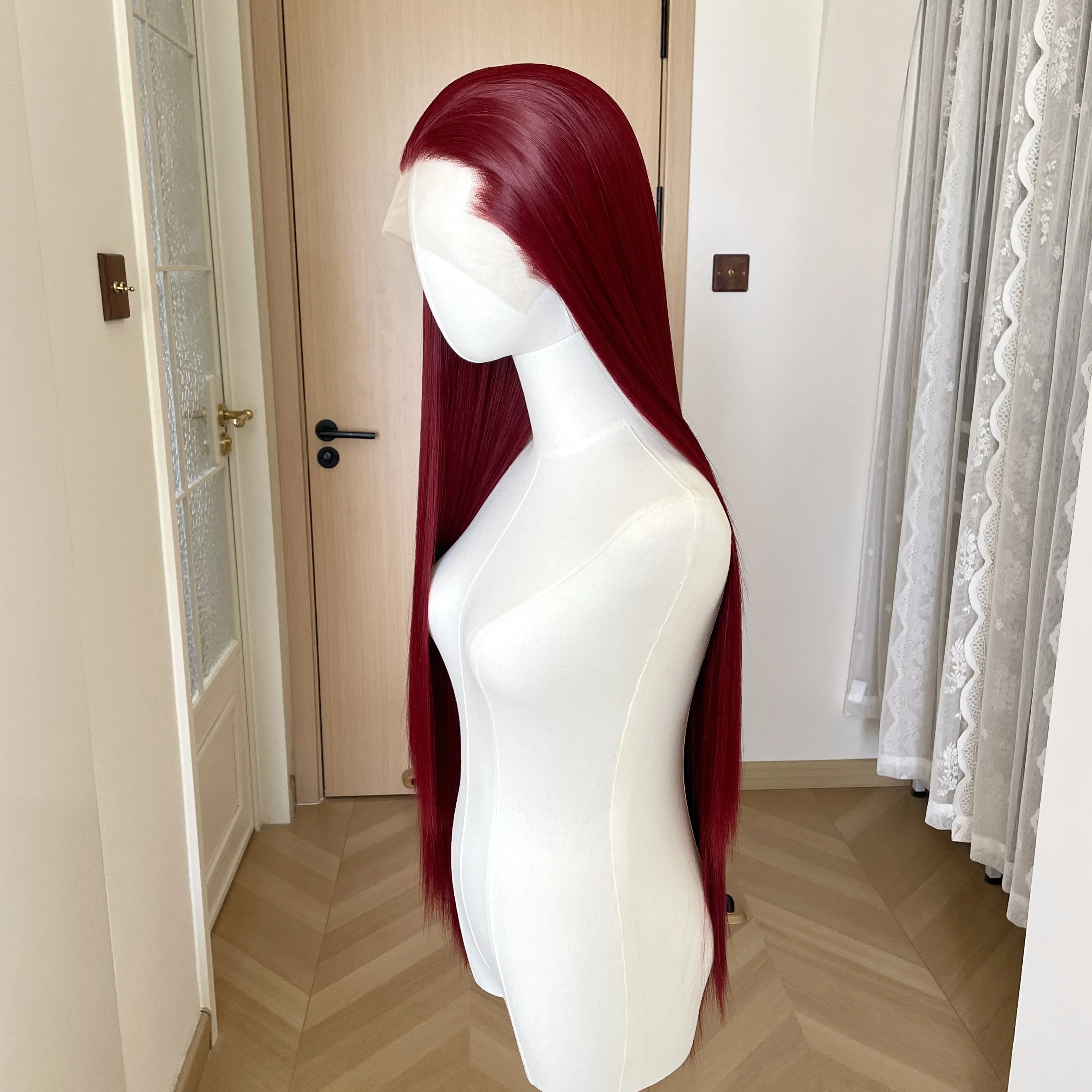 Darker Red 13x4 Synthetic Lace Front Wigs for Women 32 Inch Extra Long Straight Wigs Widow's Peak Elf Cosplay Wigs Natural 150%