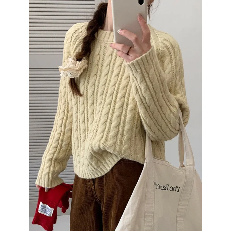 

Girl Lazy Innerwear Loose Knitwear Autumn Winter Woman Fried Dough Twist Sweater Good-Looking Sweet Jumper Minimalist Pullover