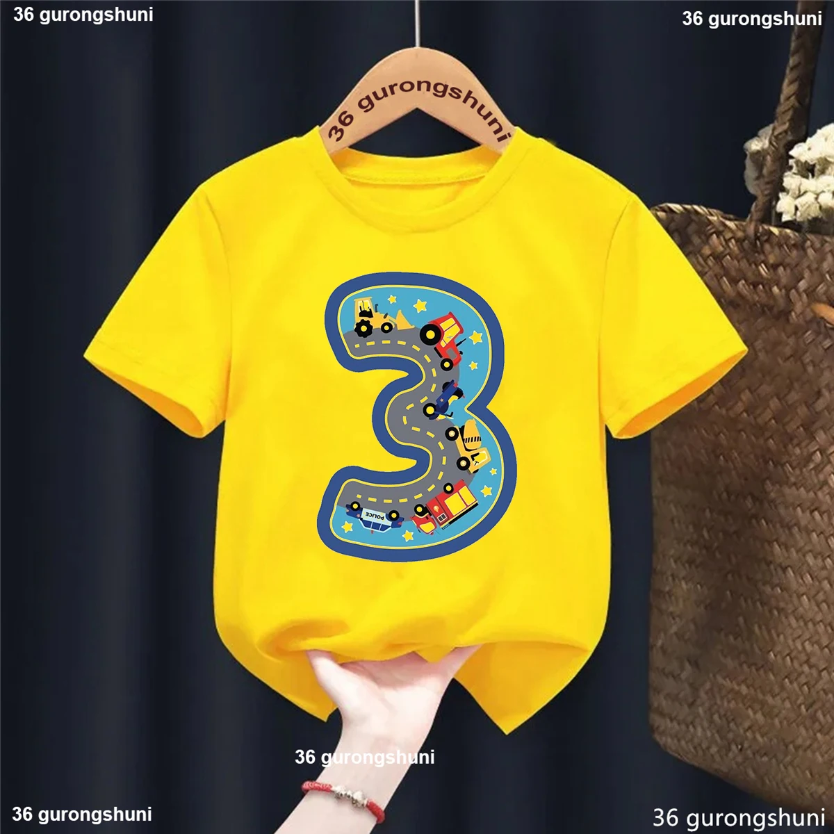 3th Birthday Car Print Tshirt For Girls/Boys Funny Tractor White/Yellow T Shirt Kawaii Kids Clothes Summer Tops Fashion T-Shirt