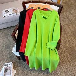 155Kg Plus Size Women's Bust 160 Spring Autumn New Loose Long V-Neck Sweater Dress Black Red Green 5XL 6XL 7XL 8XL 9XL 10XL