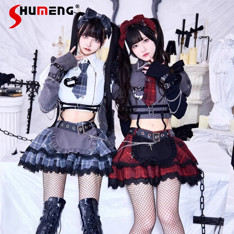

Subculture Mine Y2k College Style Punk Girls Sweet Cool Top + Skirt Set Cute Sleeves Tie Top Plaid Skirt Sets Cos Outifits