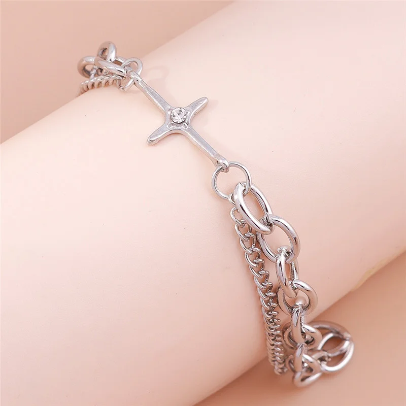 Aihua Silberfarbenes Kettenarmband mit Polaris-Stern für Damen, Trendiges Kreuz-Charm-Armband, Geburtstagsgeschenk für Frauen – Detail 3
