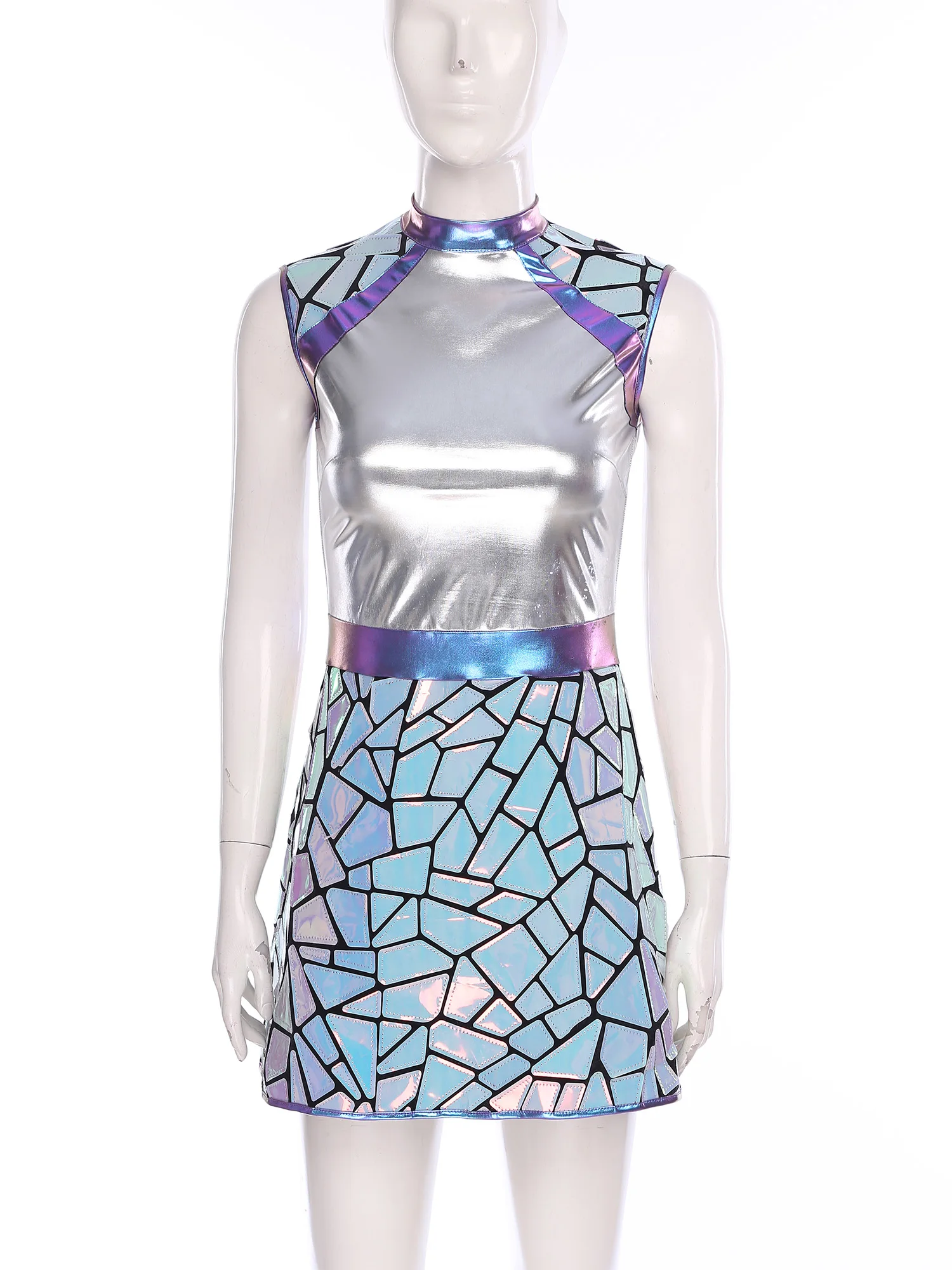 

Halloween Women Fashion Galaxy Alien Astronaut Cosplay Dress Shiny A-line Mirror Decor Mini Dress Carnival Party Uniforms