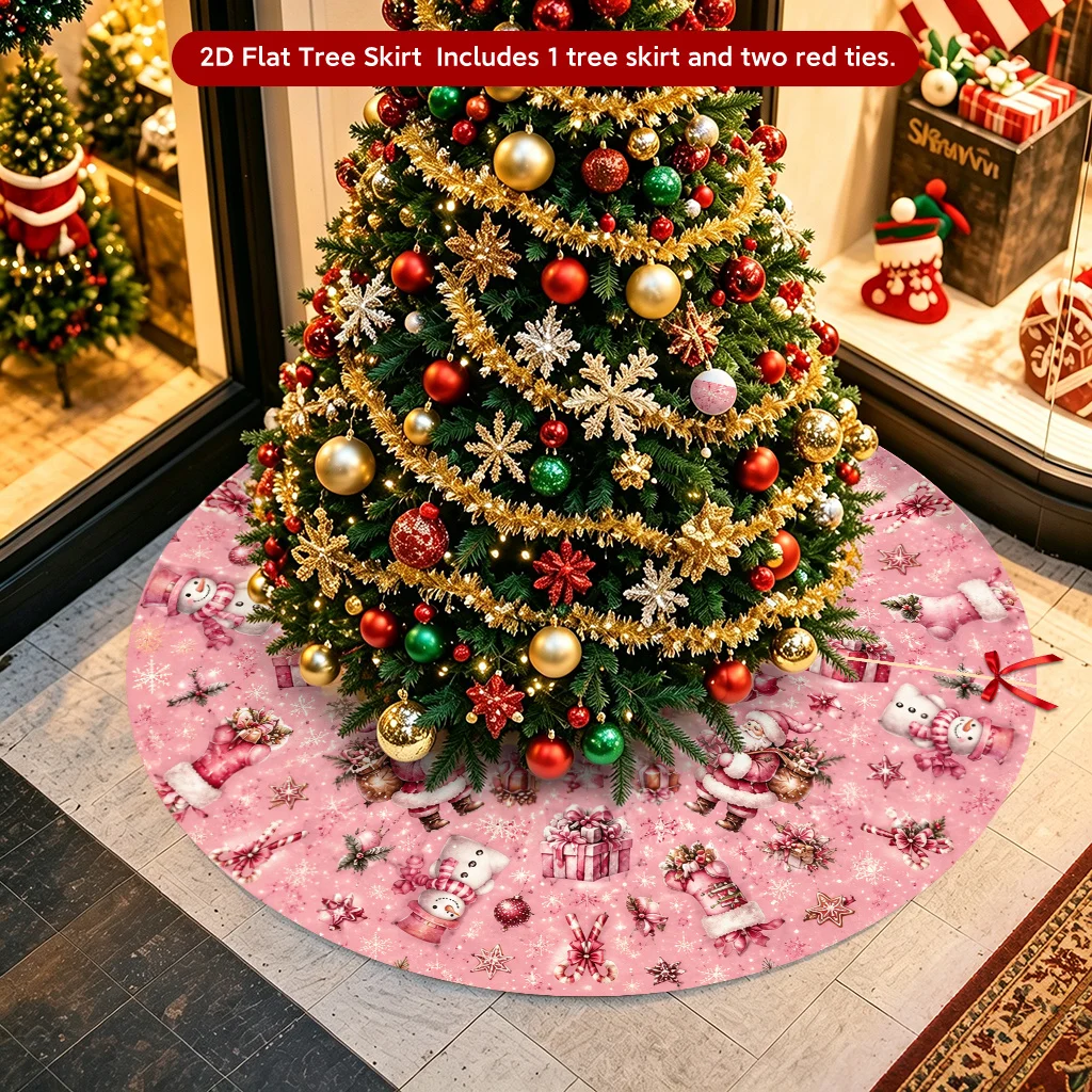 VIKAMA Pink Christmas Tree Skirt Cute Snowman Santa Sock Gift Box Snowflake Candy Print Non‑Slip Round Xmas Tree Base Decor Mat