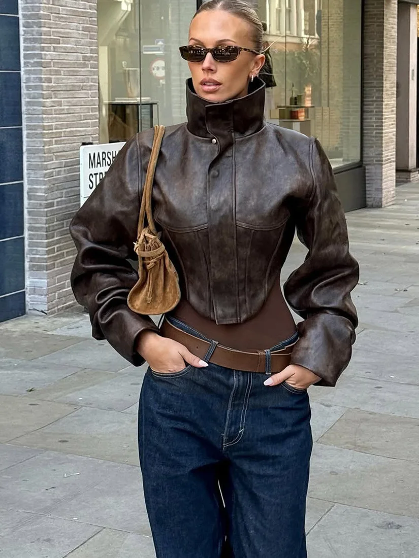 

Slim Fit High Collar Zipper Fishbone Short PU Leather Jacket Coffee Color Long Sleeve Women's Fashion Outerwear Coat