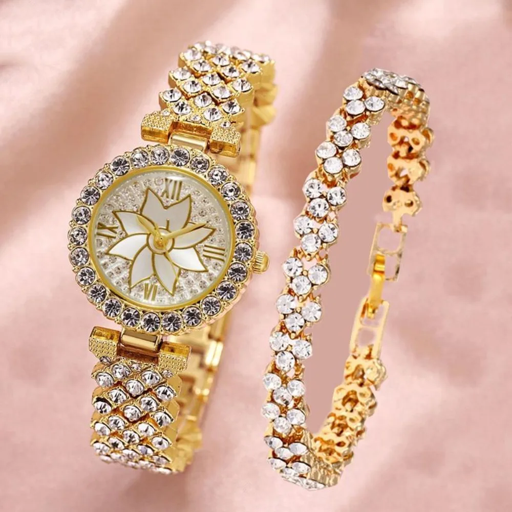 Elegant With Bracelet Gypsophila Watch Bling Bling Alloy Flower Diamond Watch Rose Gold Ladies Watch