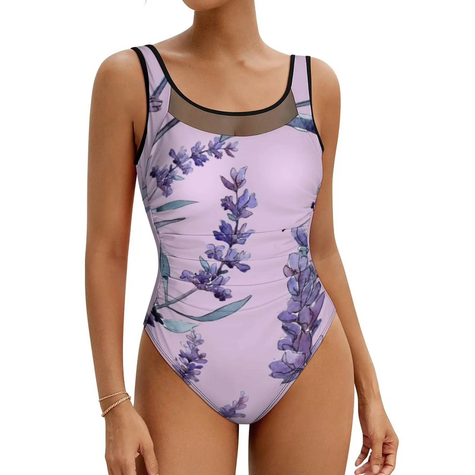 Violet Lavender Swimsuit Sexy Purple Floral Print One-Piece Swimwear Push Up Swimsuits Fashion Beach Monokini