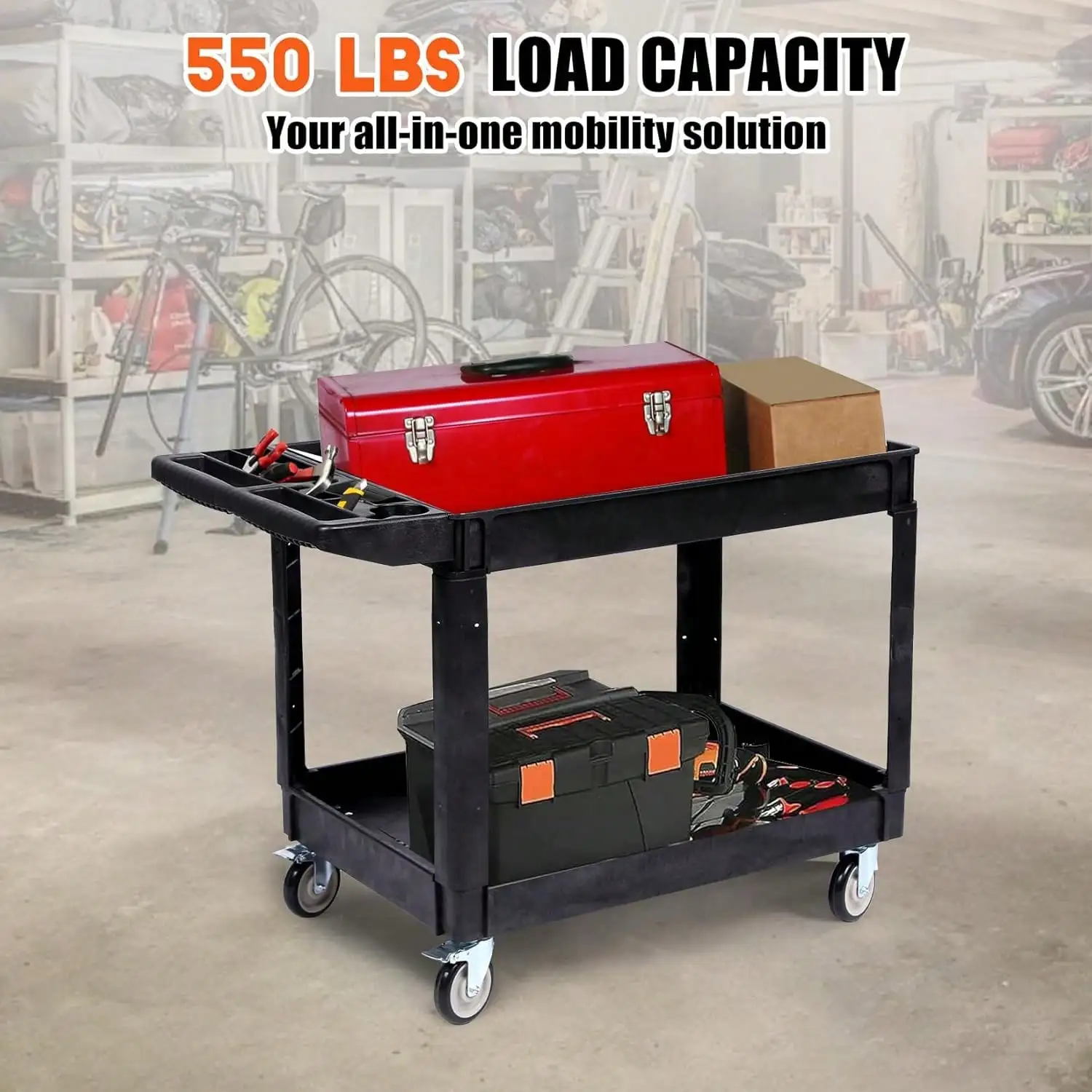 

Nilight Utility Service Cart, 2 Shelf 550LBS Heavy Duty Plastic Rolling Cart With 360° Swivel Wheels For Warehouse/Garage/Clean