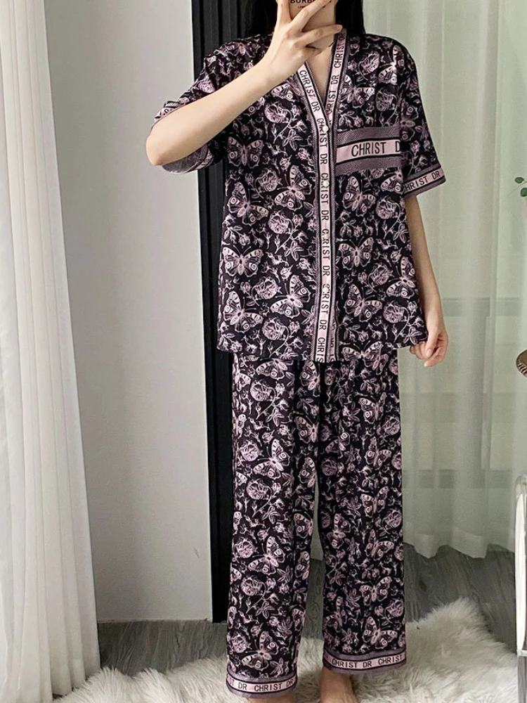 Summer Light Purple Printed 3-Piece Pajama Set Women 2024 New High-Quality Ice Silk V-Neck Top+Shorts+ Pants Thin Home Clothing