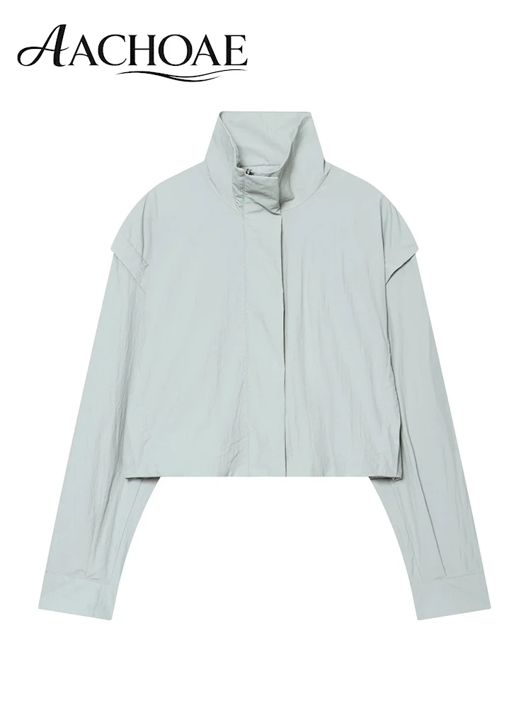 AACHOAE Women Cropped Stand Collar Jacket Lightweight Windbreaker Long Sleeve Minimalist Casual Outerwear Short Jacket