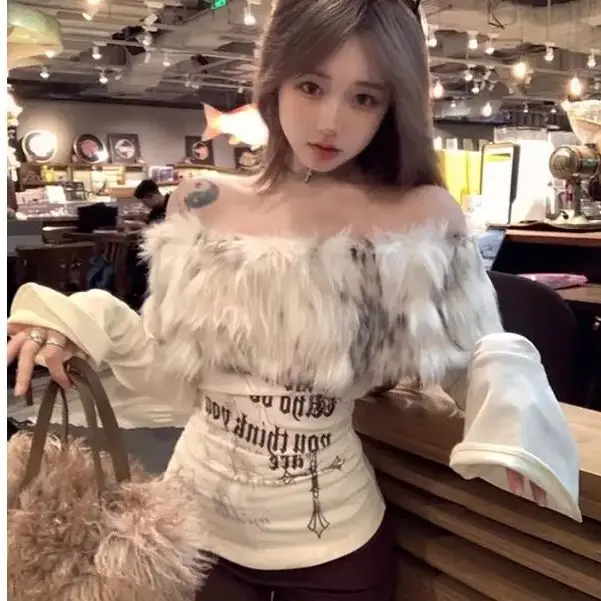 Autumn  Winter Slope Neck T-Shirt  Women Korean Fashion Chic Versatile Girly Design 2000s Aesthetic Retro Old Style 2000