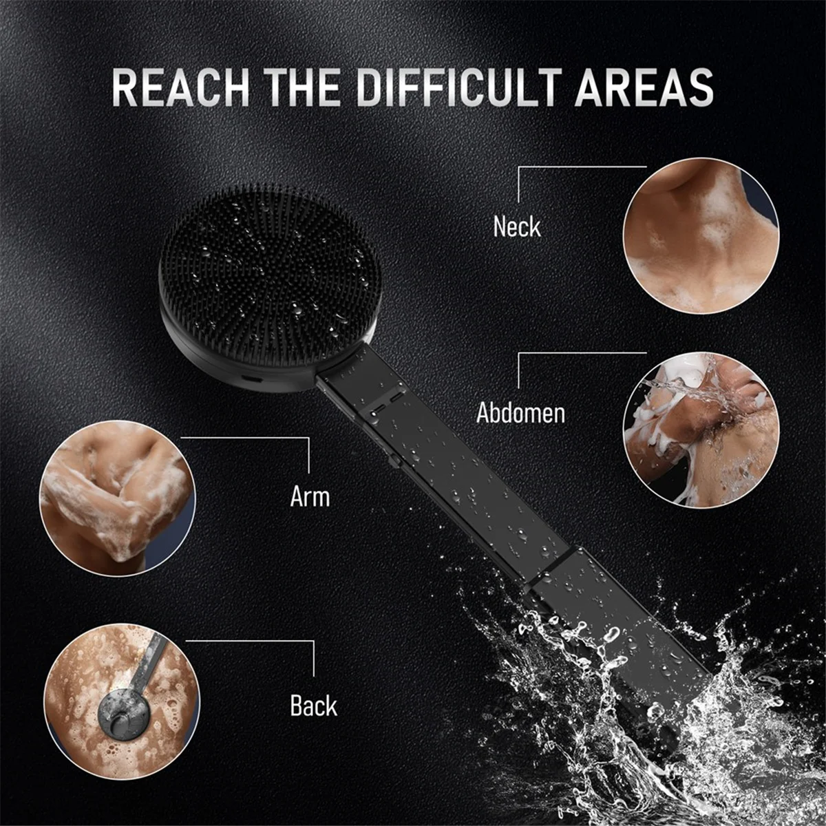 ABXHA Vibrating Back Scrubber with Retractable Handle, Rechargeable Silicone Body Brush,Household Bath Brush