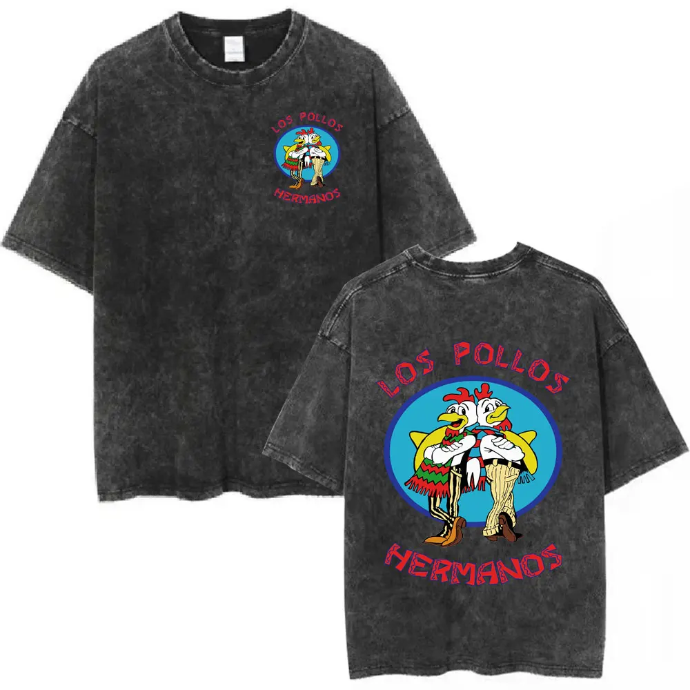 TV Series Breaking Bad Vintage Washed T-shirts Los Pollos Hermanos Chicken Brothers T Shirt Men Women 100% Cotton Casual T-shirt