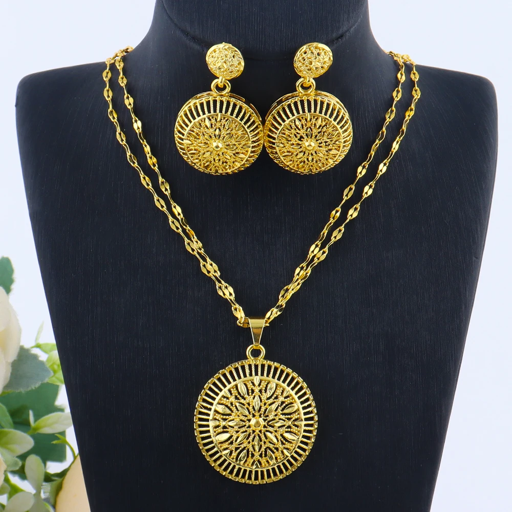 

Gold Color Light Luxury Big Round Necklace Earrings Set for Women Tassels Gold Plated Jewelry Party Wedding Gift Accessoires