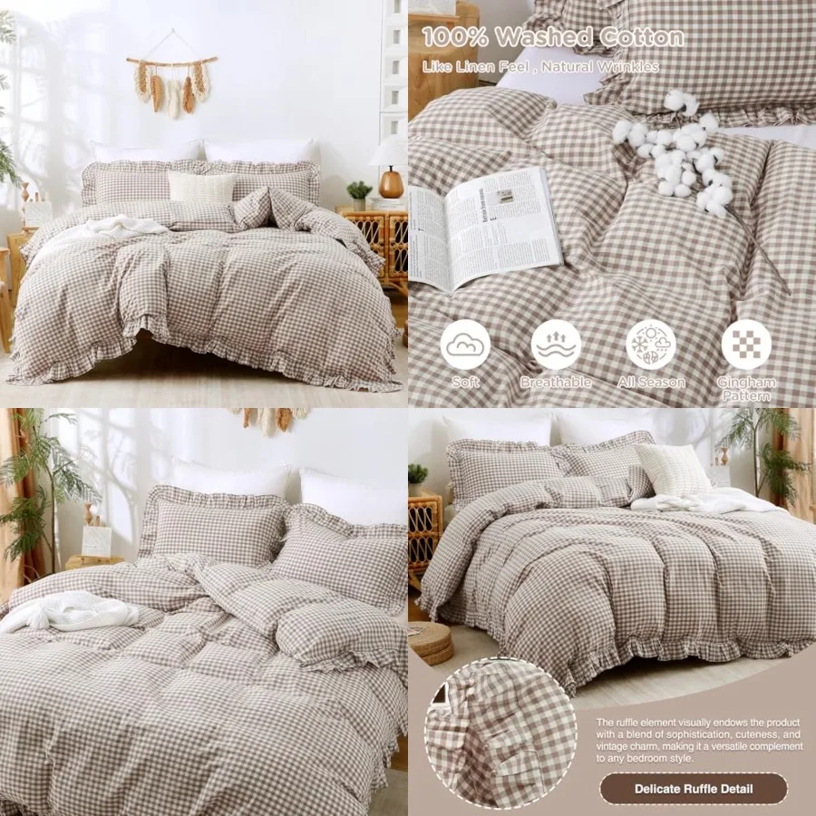 

Gingham Duvet Cover Bedding Set 100% Washed Cotton Like Linen Feel Soft Breathable 3 Pcs Brown Plaid Checkered Cute Ruffle Comf
