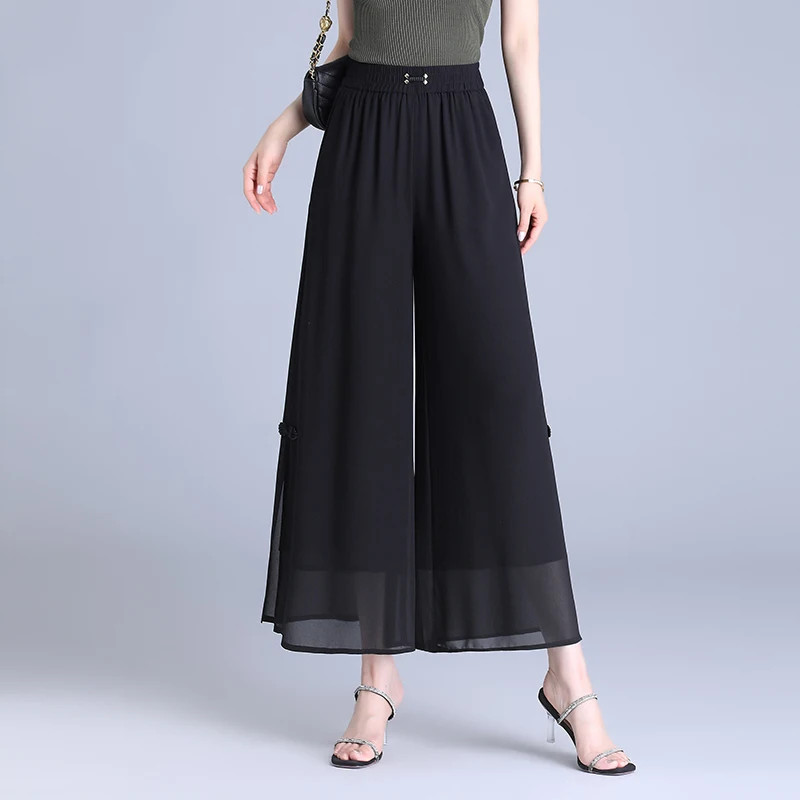ZUZK Women New Side Slit Chiffon Pants Summer Thin Elastic Waist Wide Leg Pants Chic Droop Trousers Nine Point Pants