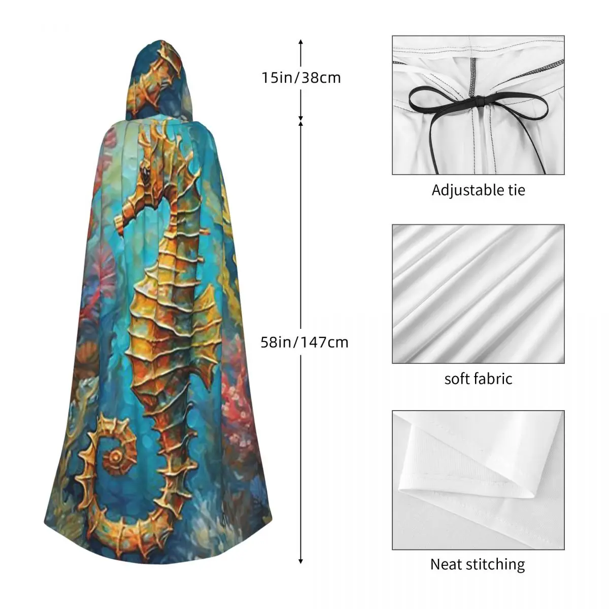 Seahorse Amongst Vibrant Corals And Swaying Seaweed Long Hooded Cloak Witch Costume Cosplay Cape HalloweenCoat Adult Unisex