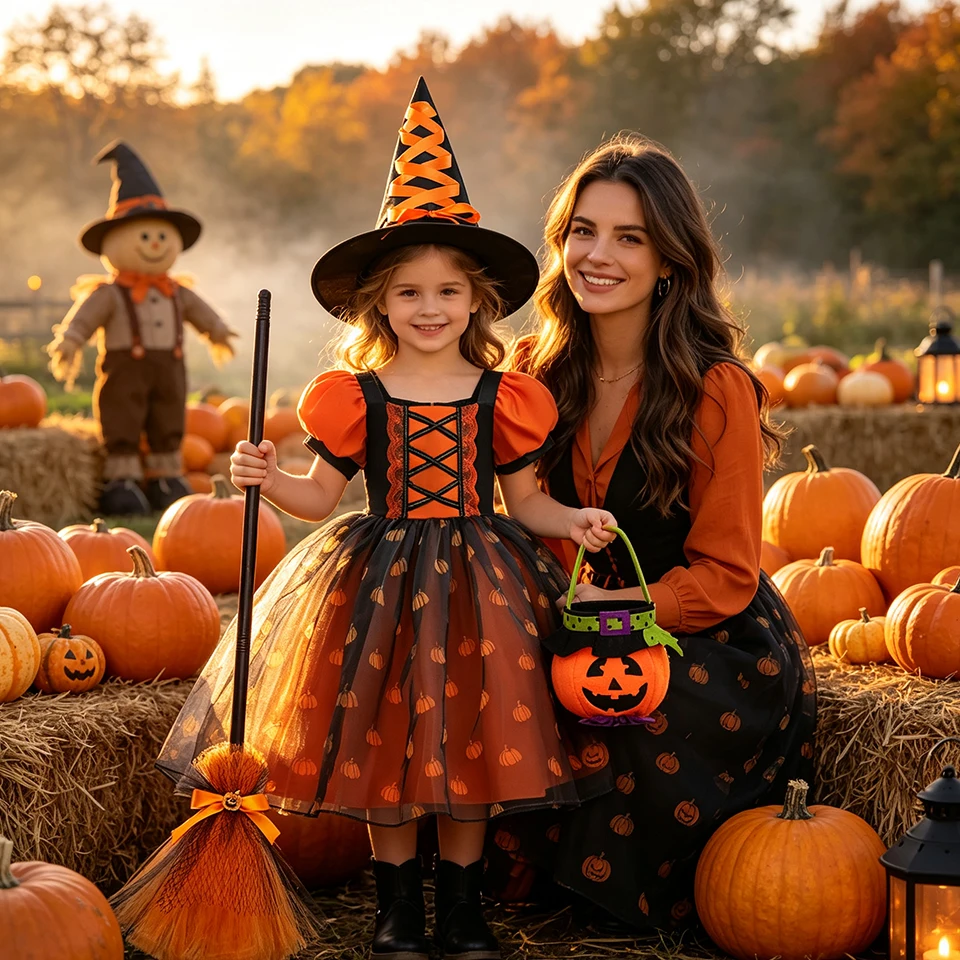 Kids Orange Pumpkin Print Fluffy Tutu Witch Dress for Girls Halloween Cosplay Performance Masquerade Carnival Children's Costume