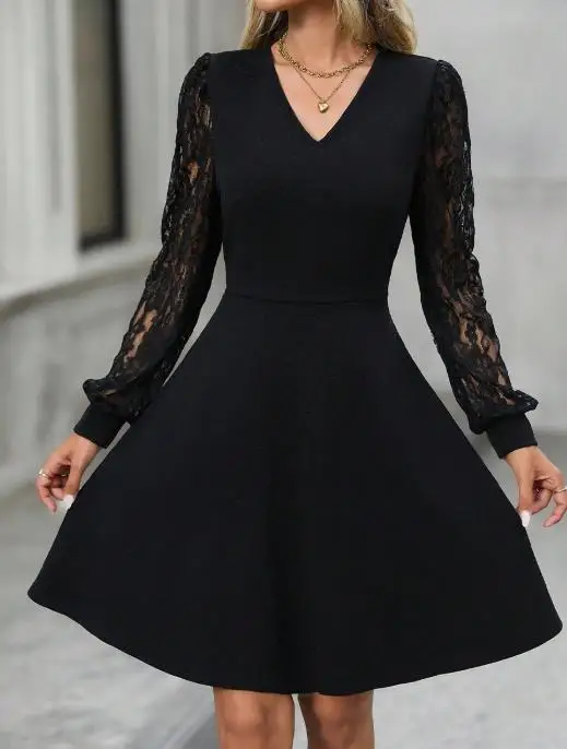 

Elegant Women's Lace Long Sleeved Dress, Black Mid Length A-Line Skirt, Women's Clothing