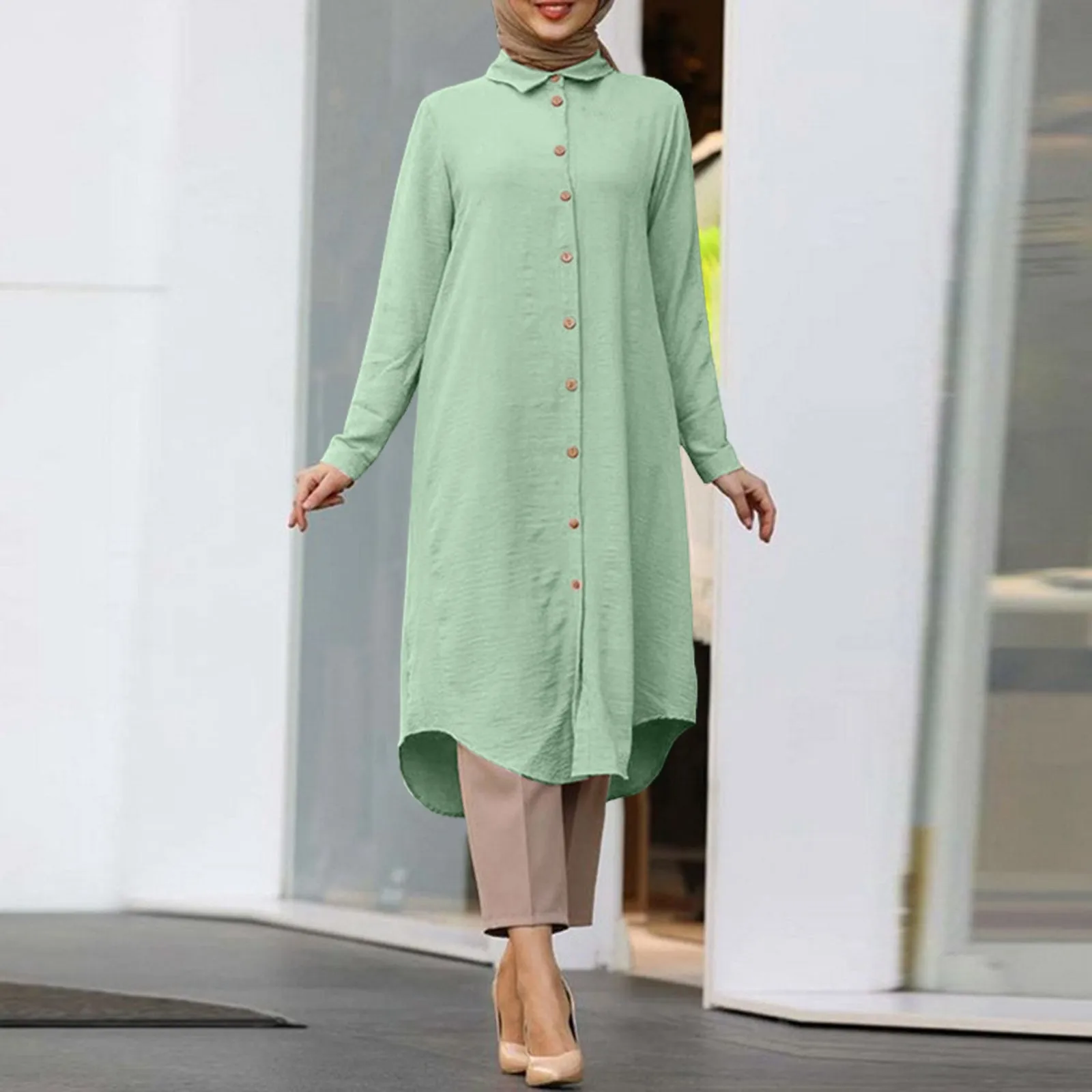 

Summer Muslim Solid Shirt Dress For Women Simple Cotton Linen Long Shirt Saudi Arabia Islam Femme Tops Lady A-Line Shirt Dresses