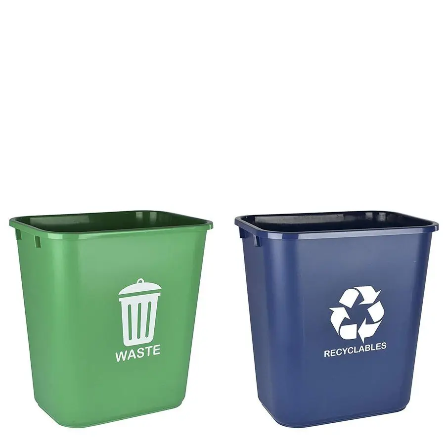 

Wastebasket Bin for Recycling and Waste, 6.75 Gallon 27 Quart 24 Liter Plastic Green and Blue Set of 2