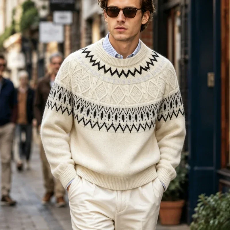High-End Luxury Pullover Man Long-Sleeved Patchwork Knitted Sweaters Round Neck Embroidery Pullover Sweater Leisure Man Clothing