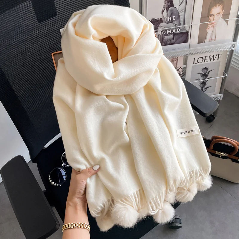 2024 Winter Scarf For Women Long Warm Cashmere Scarves Hijab Solid Lady Shawl Wrap Female Pashmina Bandana Hairball Scarfs New