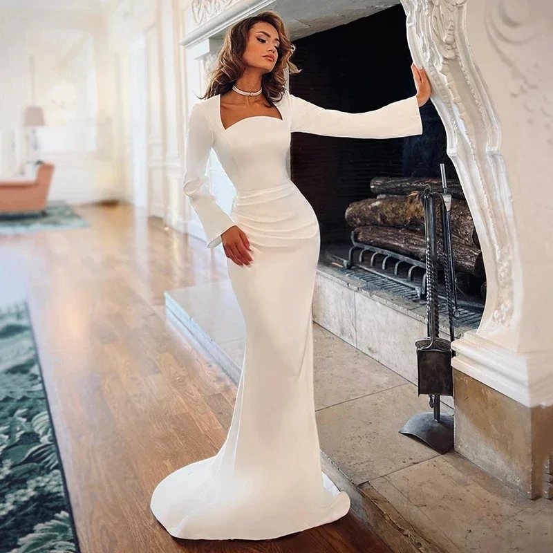 Simpleness Satin Mermaid Wedding Dresses Long SleeveBridal Dress Boho Customize To Measures Elegant Robe De Mariee Train