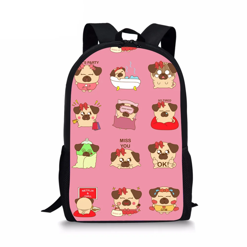 Cartoon Animal Print Mochilas para crianças, Bolsa de escola bonito Pug Dog para crianças, meninas e meninos adolescentes, suprimentos para estudantes, moda