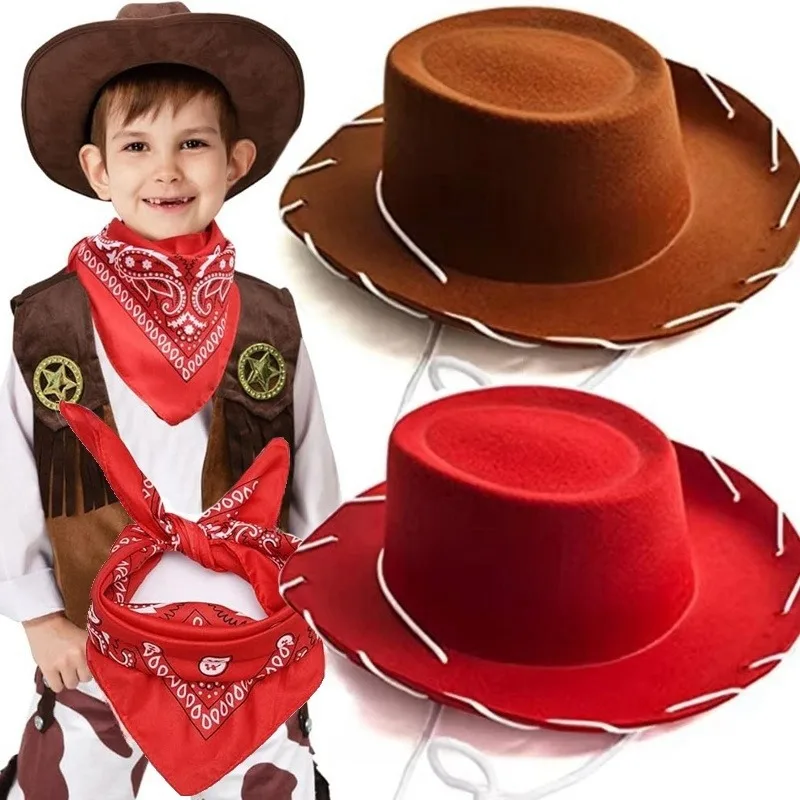 Brown Red Felt Woody Cowboy Hat with Bandana Set Adjustable Western Big Brimmed Cowboy Cap Outdoor Sports Climbing Wilderness