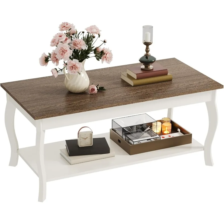Coffee Table Rustic Center Table with Curved Legs and Storage Shelf 39 Coffee Table for Living Room Soft White