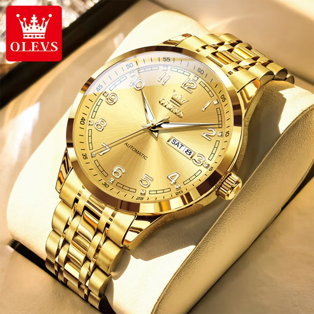 

OLEVS 7077 Luxury Automatic Mechanical Watch For Men Steel Strap Dual Calendar Waterproof Classic Men's Business Wristwatch