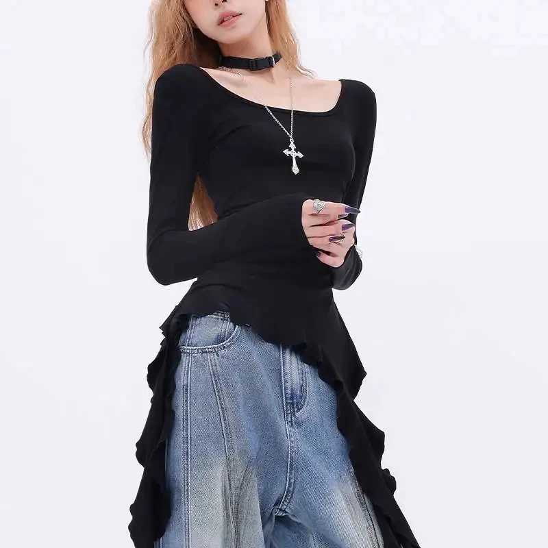 

Black Long Sleeve Ribbon Ruffles Blouse Fall Slim Elegant O Neck Top Harajuku Long Sleeve Jazz Dance Pleated Women Casual Tee