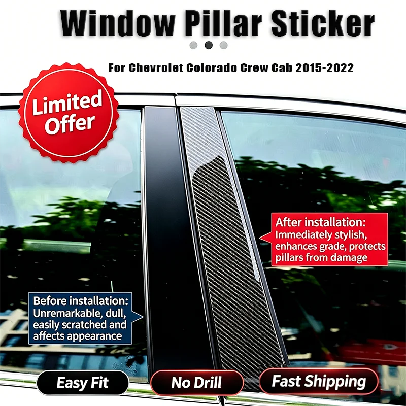 For Chevrolet Colorado Crew Cab 2015-2022 4PC Gloss Black B C Pillar Trim Sticker Door Window Covers Decoration Set