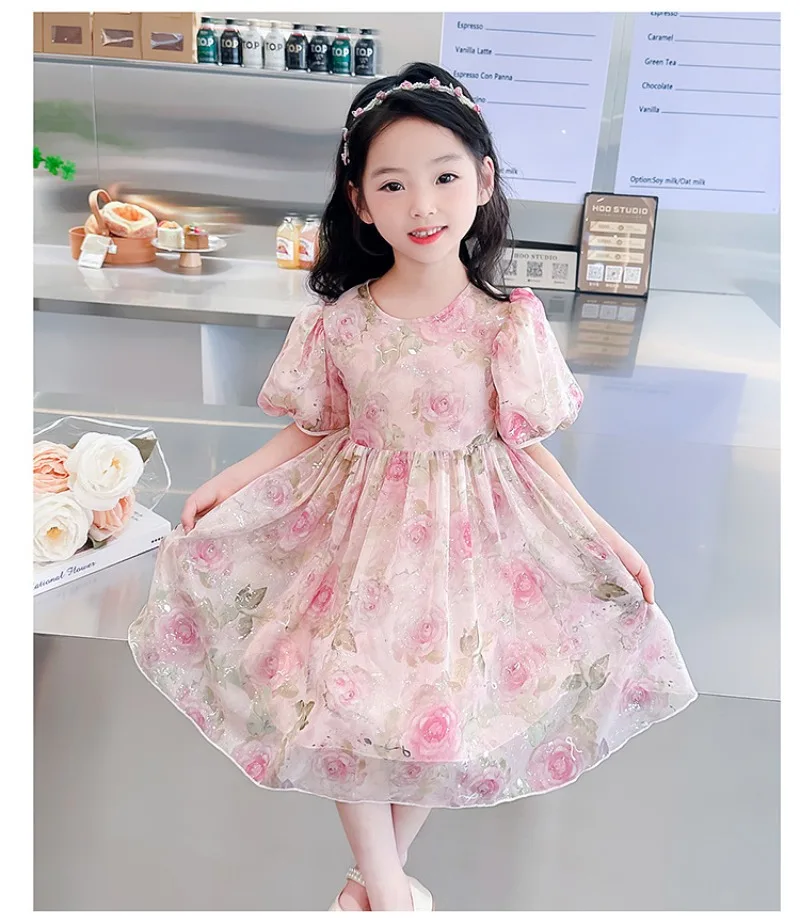 

Dress Chlidren Girl 2025 Summer New Style Floral-print Puff Sleeve Crepe Layered Sweet Fashion Casual Princess Pastorale