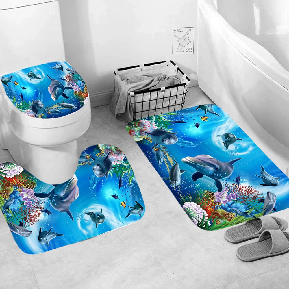 3pcs Dolphin Sea World Shower Bathroom Mat Non Slip Mug Carpet Modern Animals Toilet Seat Lip Cover Bath Home Decor Accessories