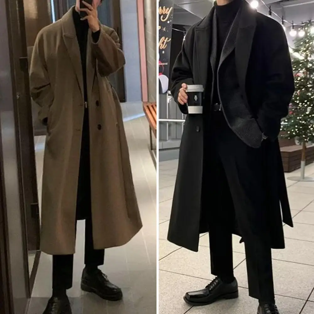 Manteau long en laine de style coréen pour hommes, revers, patte à deux boutons, coupe-vent solide pour documents, vêtements d'extérieur avec poches