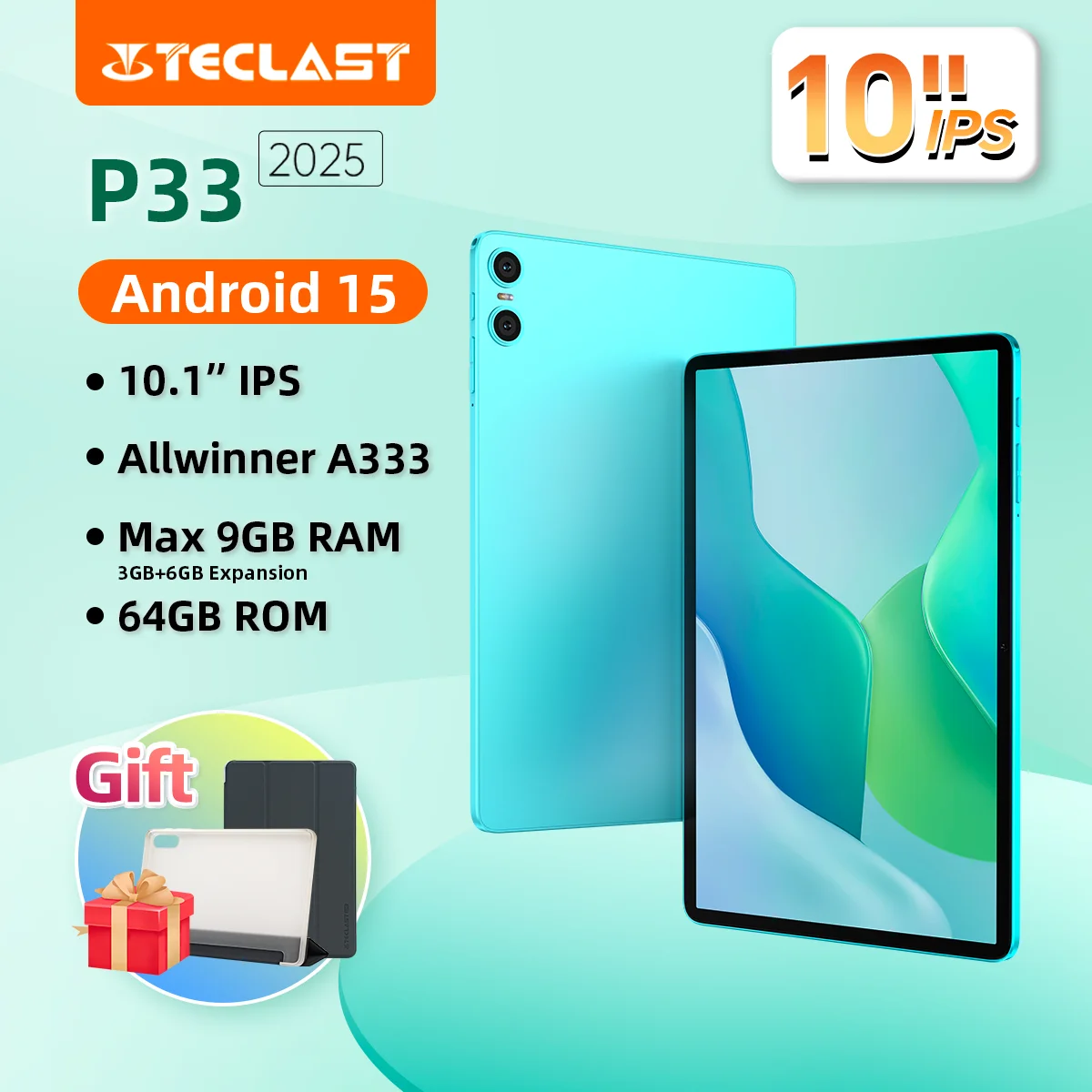 

Планшет Teclast P33 Android 15 10,1 дюйма IPS A333, 5-ядерный, максимальная 9 ГБ ОЗУ (3 ГБ + расширение 6 ГБ), 64 ГБ ПЗУ, Wi-Fi 6 Type-C, 6000 мАч, планшетный ПК