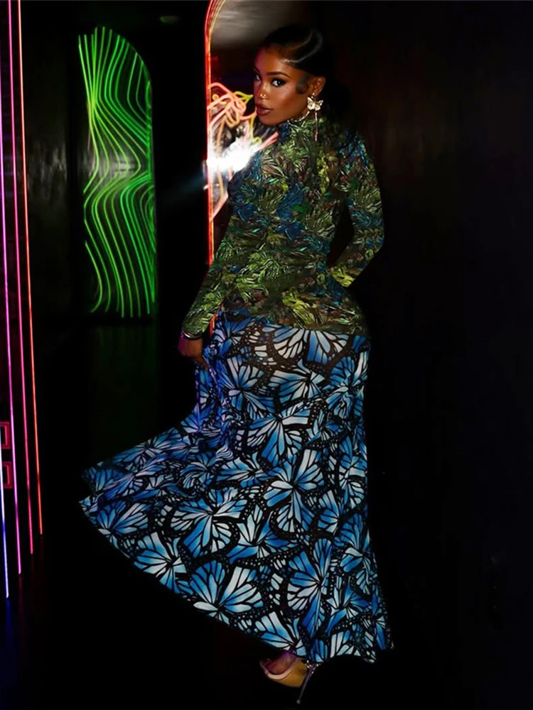 Macheda Prom Party Colorful Print Dress Women Sexy See Through Hollow Full Sleeve Stretch Turtleneck Midnight Club Long Bodycon