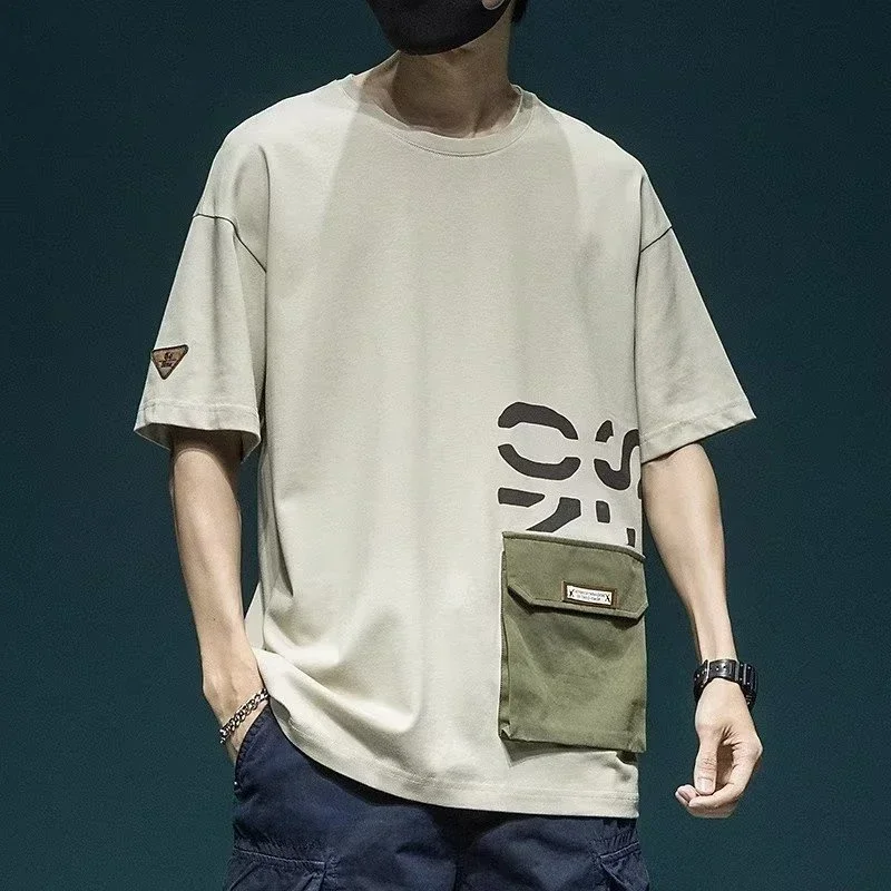 Summer Men's Short Sleeve Letter Printed T-shirt With Cargo Pocket Casual Cotton O-Neck Tops Y2K Streetwear Oversized Tee Shirts image 5
